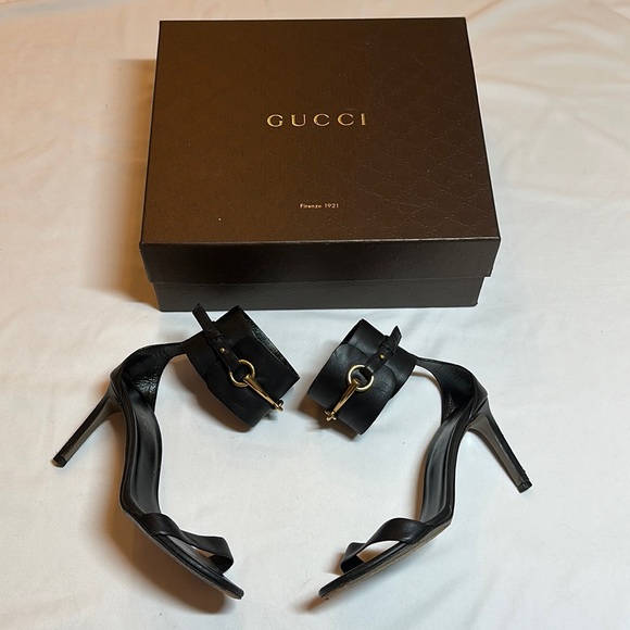 Gucci women’s black horsebit ankle strap high heel sandal gold hardware size 36 - Picture 1 of 15